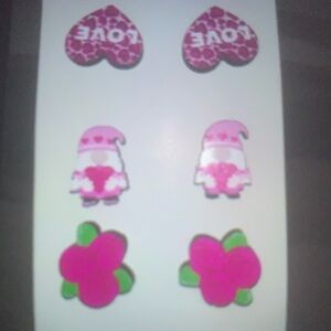 Valentine Heart Knome Rose Flower Stud Earrings Set NEW NWT